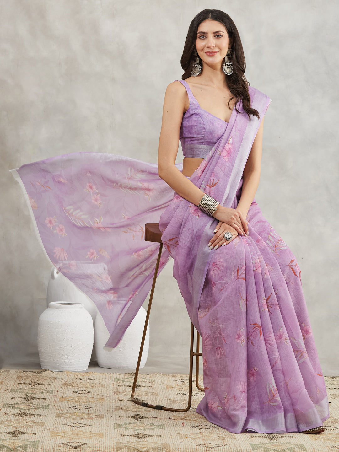 Janasya Lavender Linen Blend Floral Printed Saree