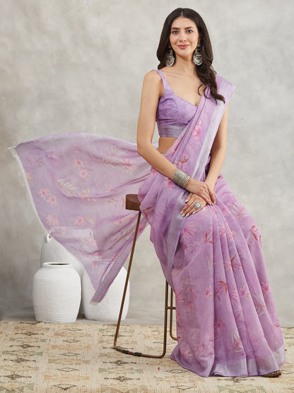 Janasya Lavender Linen Blend Floral Printed Saree