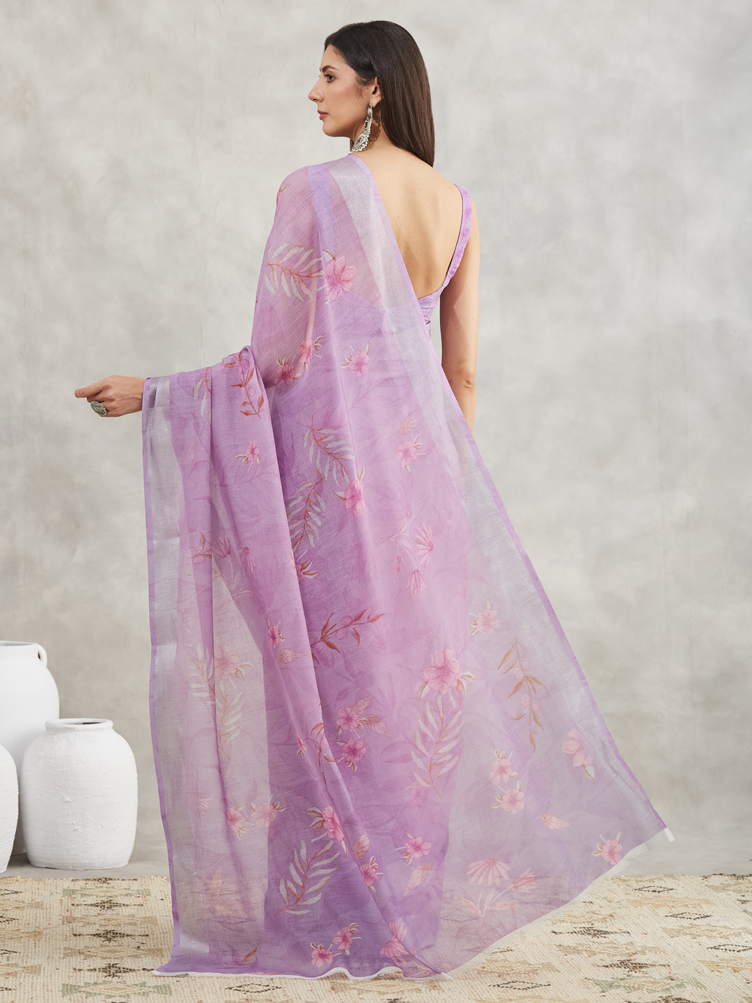 Janasya Lavender Linen Blend Floral Printed Saree