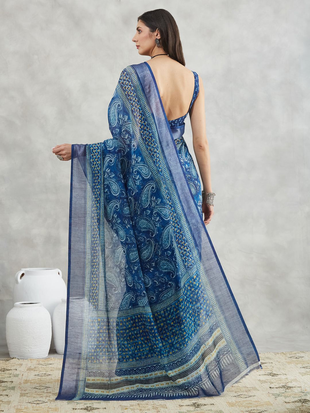 Janasya Blue Linen Blend Paisley Printed Saree