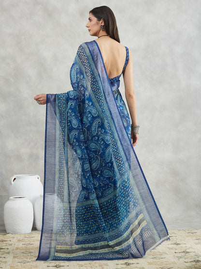 Janasya Blue Linen Blend Paisley Printed Saree