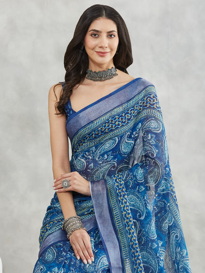 Janasya Blue Linen Blend Paisley Printed Saree