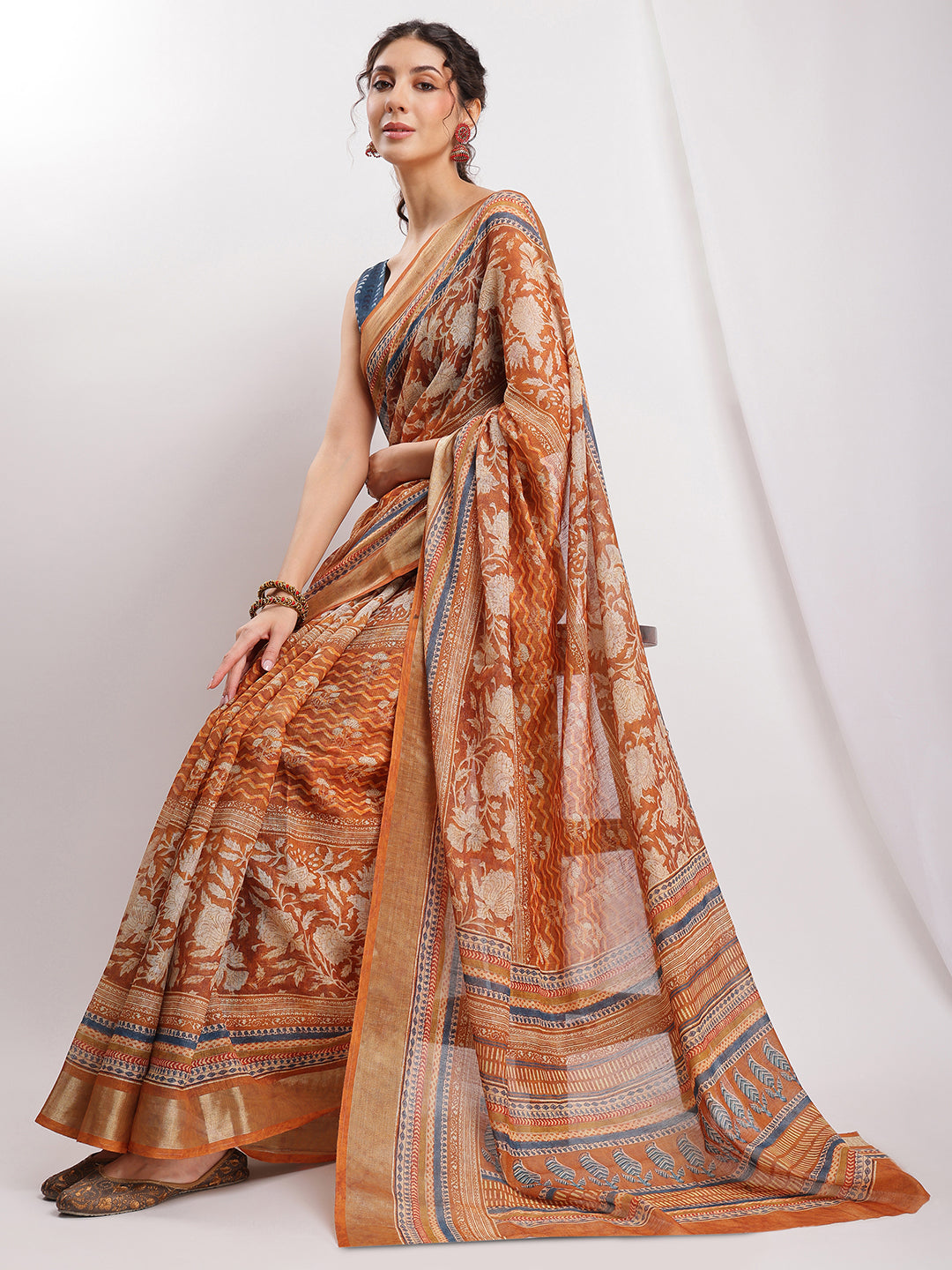 Janasya Brown Linen Blend Ethnic Motifs Printed Saree