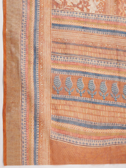 Janasya Brown Linen Blend Ethnic Motifs Printed Saree