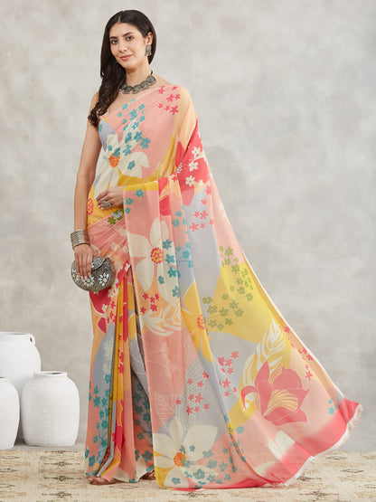 Janasya Multicolor Georgette Floral Printed Saree