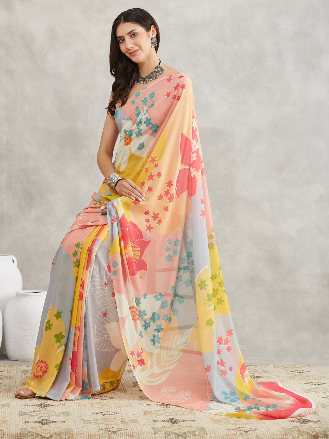 Janasya Multicolor Georgette Floral Printed Saree