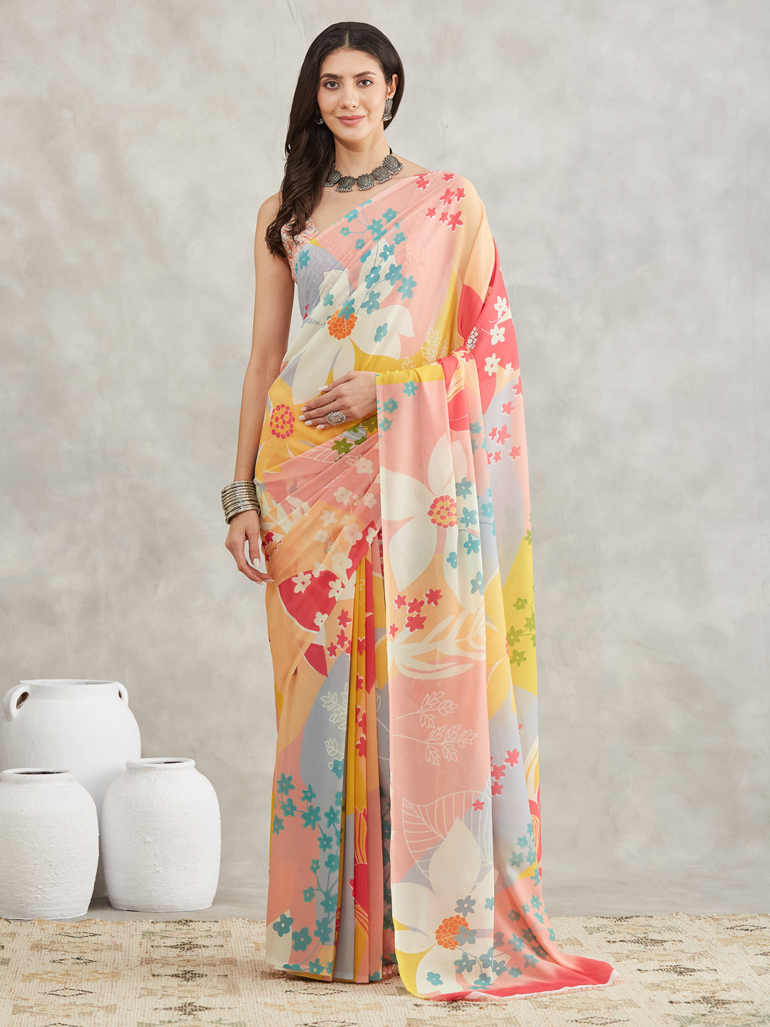 Janasya Multicolor Georgette Floral Printed Saree