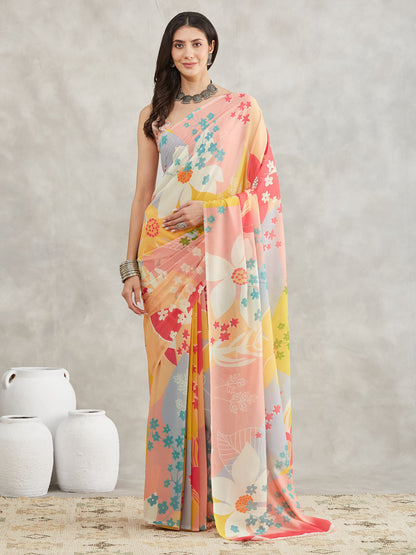 Janasya Multicolor Georgette Floral Printed Saree