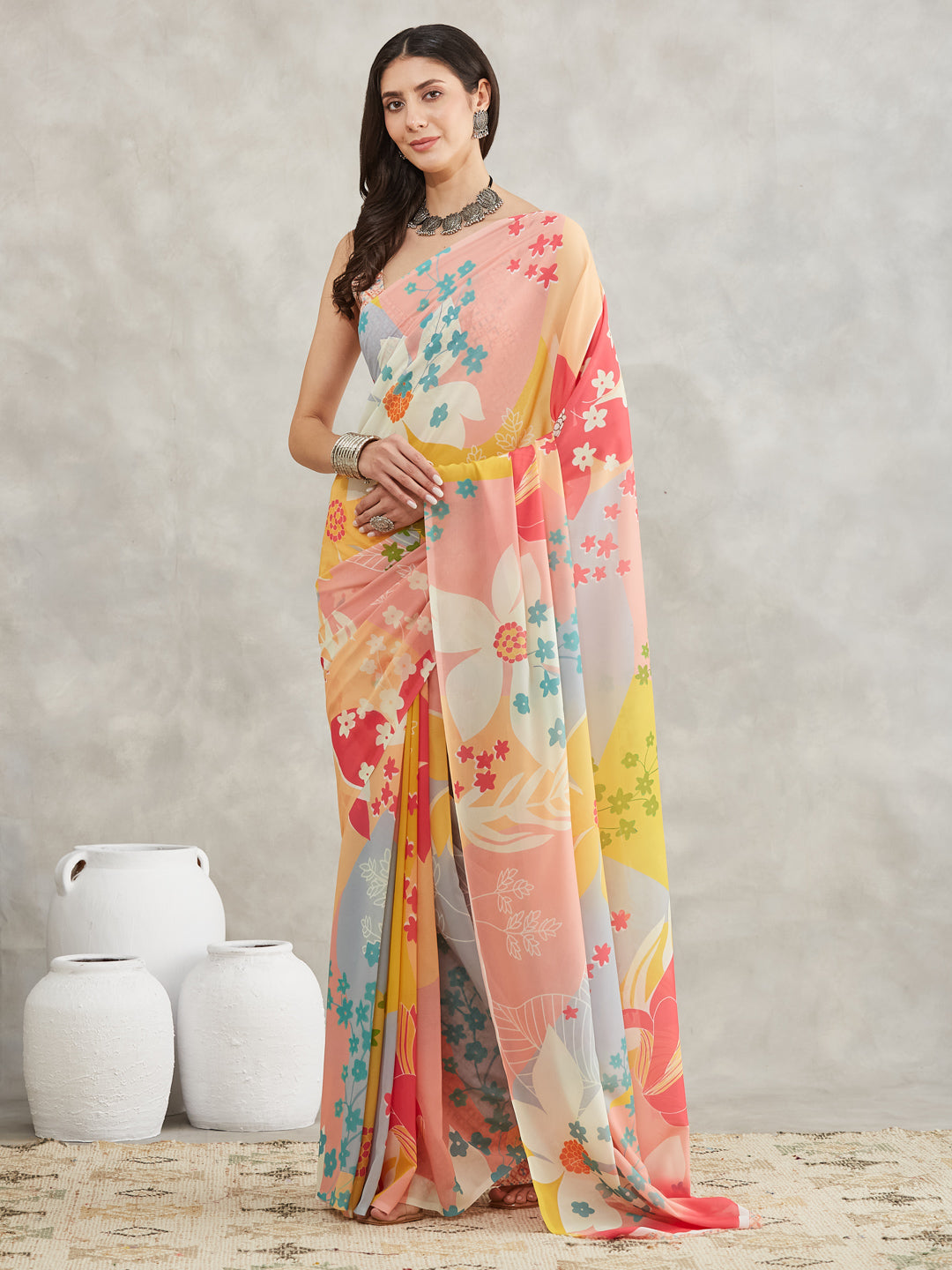 Janasya Multicolor Georgette Floral Printed Saree