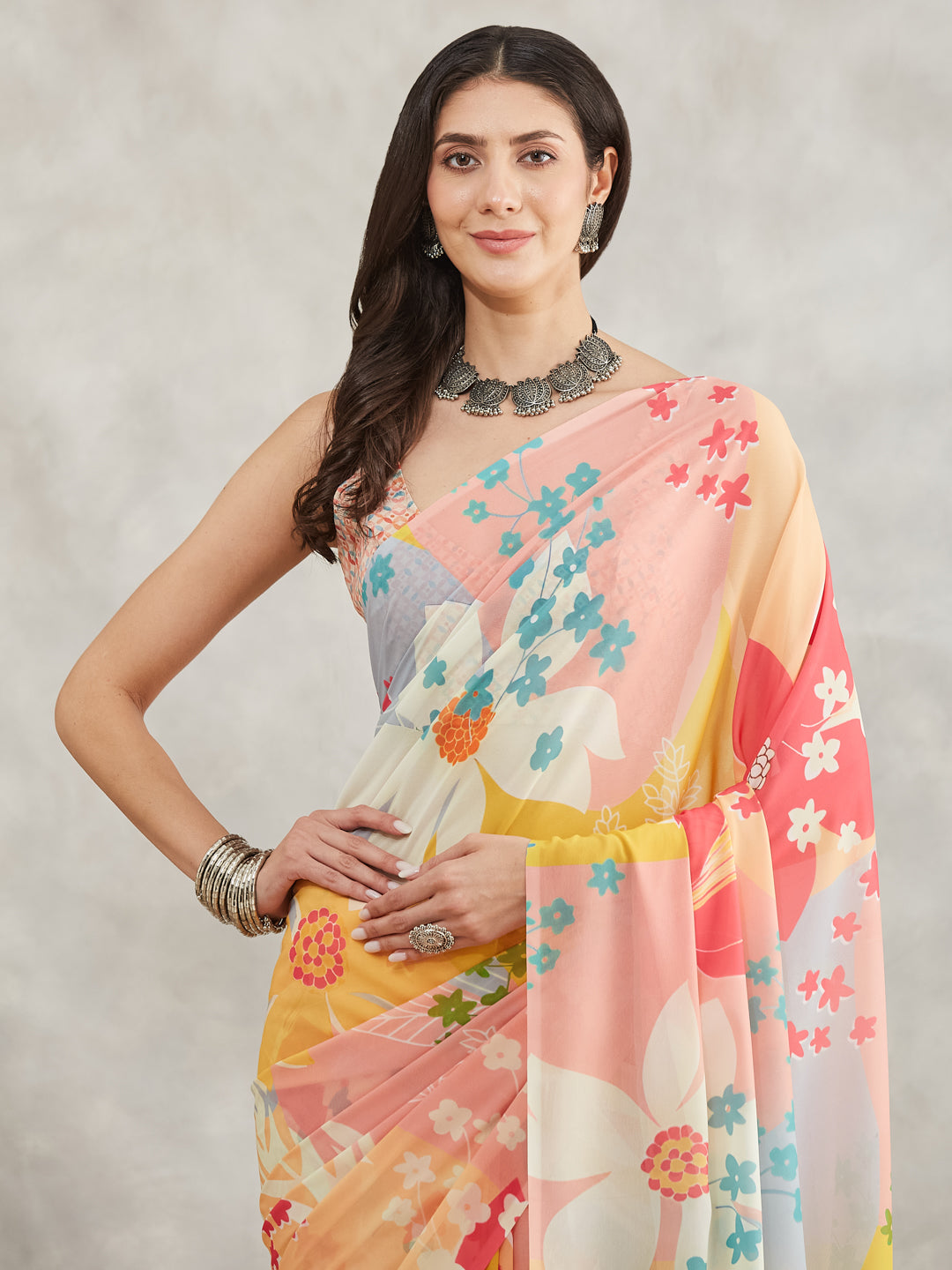 Janasya Multicolor Georgette Floral Printed Saree