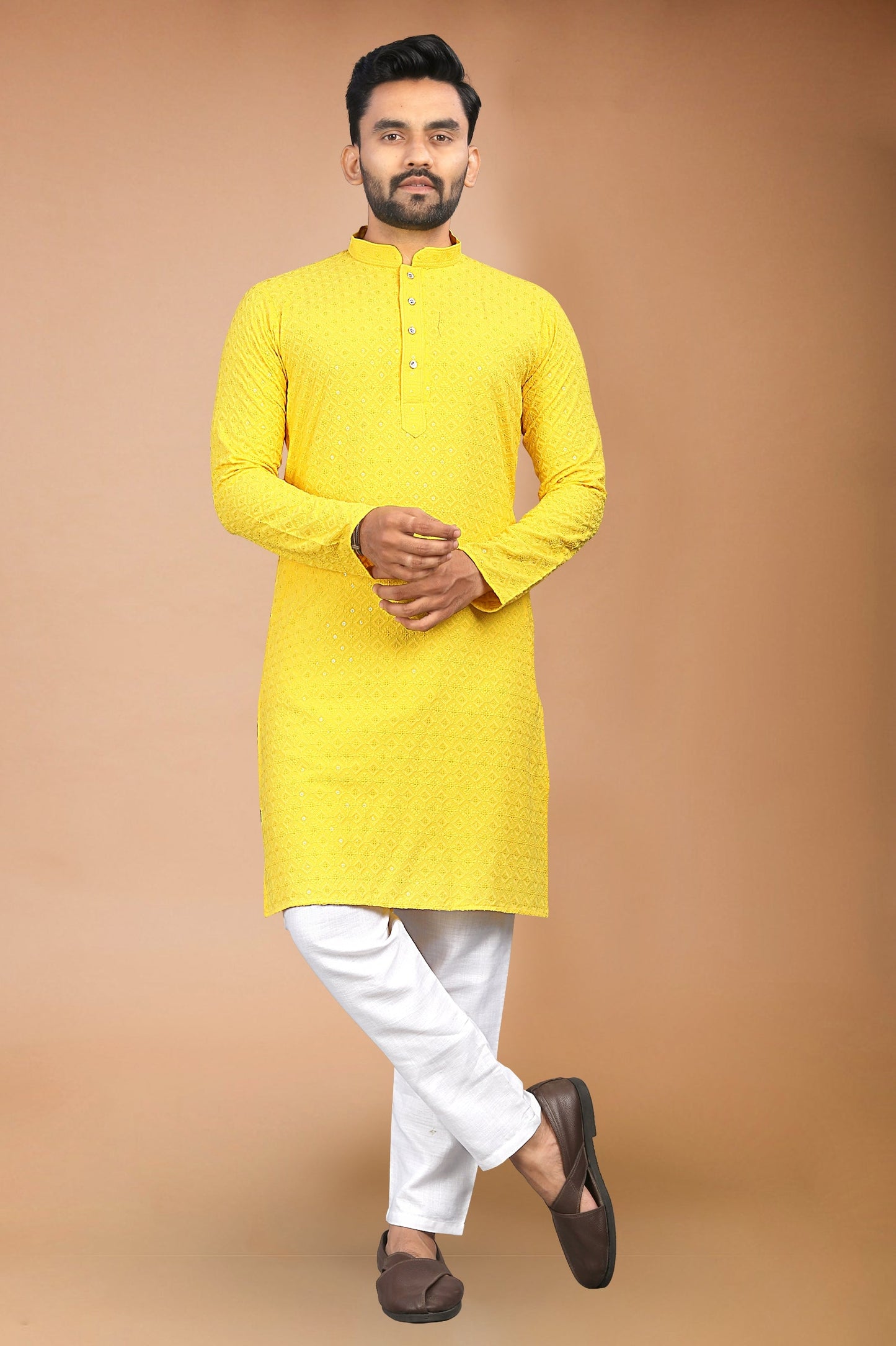 Neera Trendz Yellow Rayon Schiffli Work Men's Kurta With Pyjama