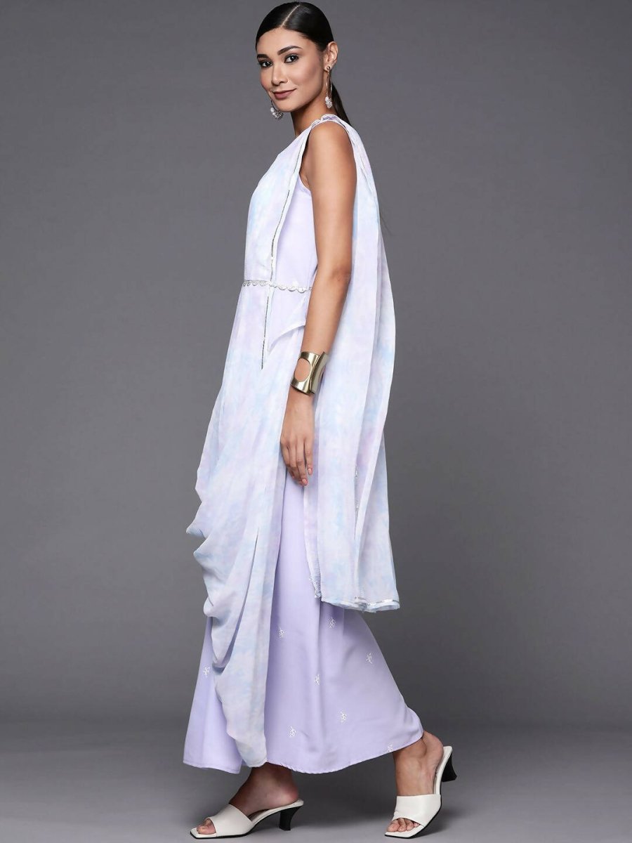 Ahalyaa Blue & White Floral Print Ethnic Maxi Dress with Attached Dupatta