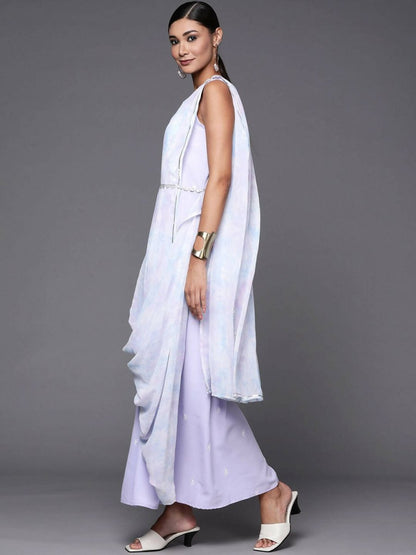 Ahalyaa Blue & White Floral Print Ethnic Maxi Dress with Attached Dupatta
