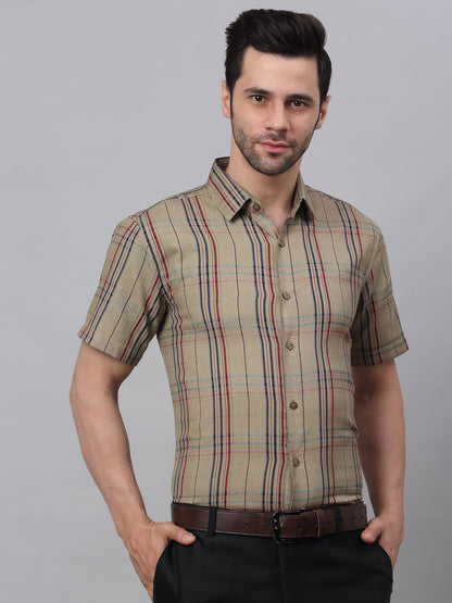 Jainish Men's Brown Half Sleeve Checked Formal Shirt