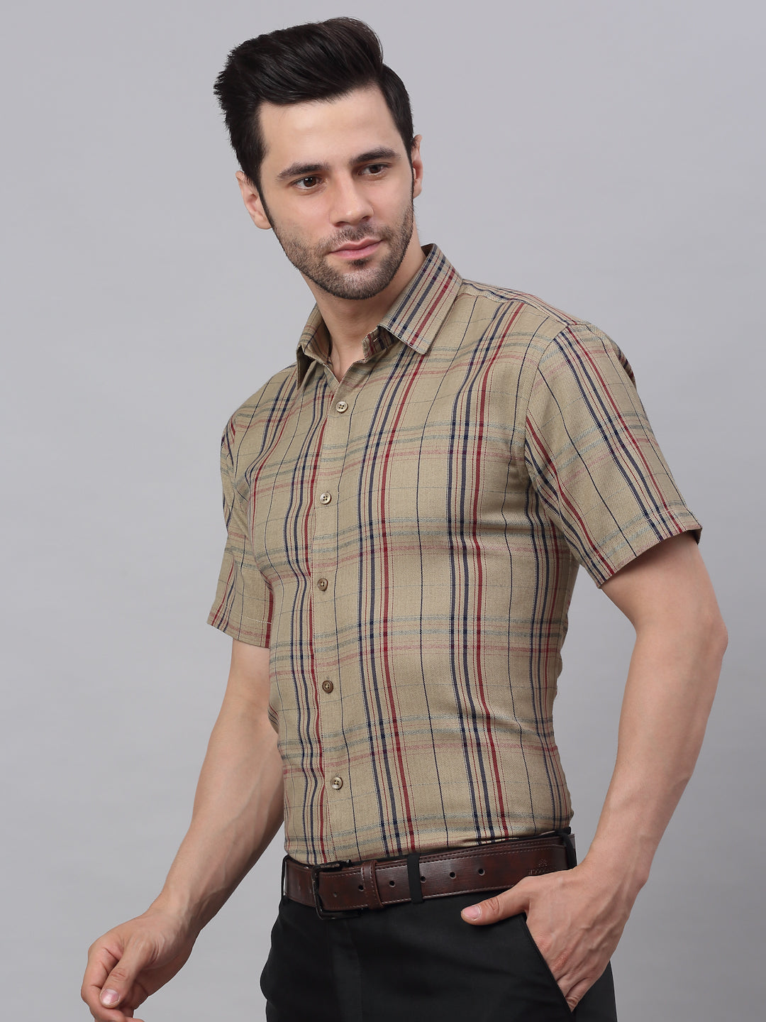Jainish Men's Brown Half Sleeve Checked Formal Shirt