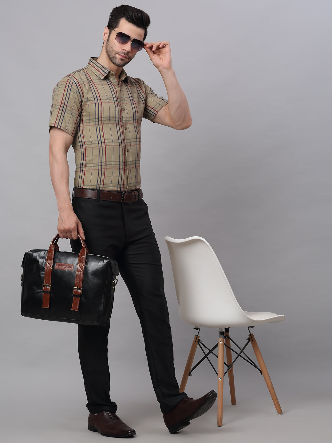 Jainish Men's Brown Half Sleeve Checked Formal Shirt