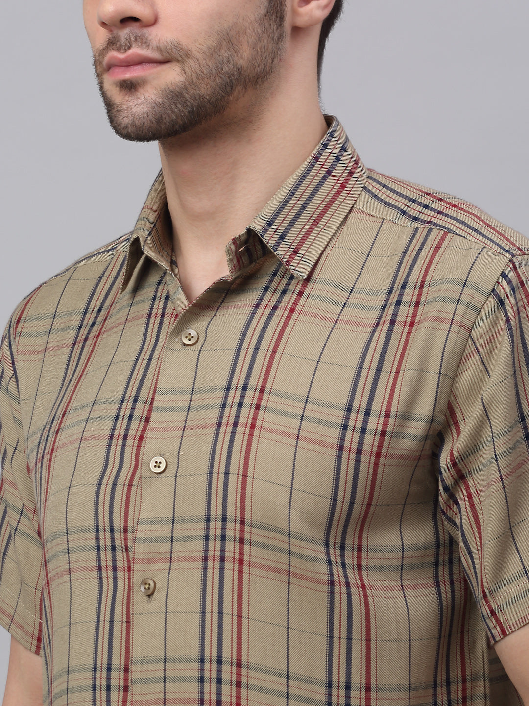 Jainish Men's Brown Half Sleeve Checked Formal Shirt