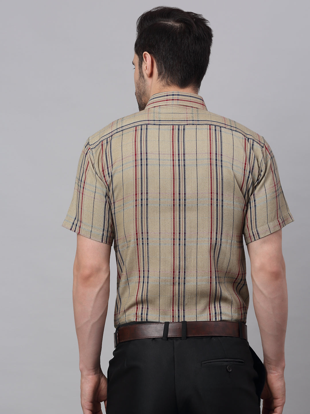 Jainish Men's Brown Half Sleeve Checked Formal Shirt