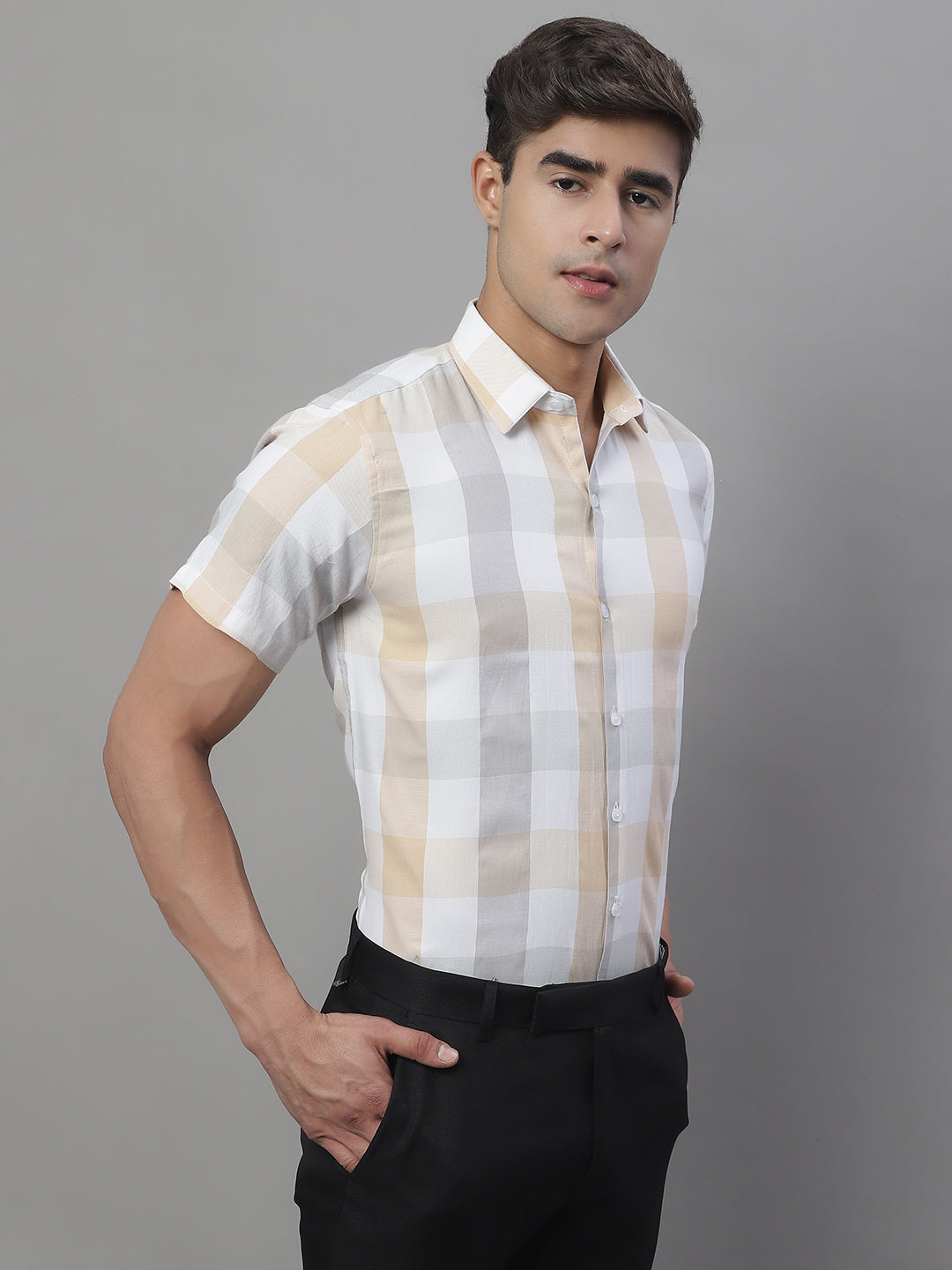 Jainish Men's Pure Cotton Checked Formal Shirts - Cream