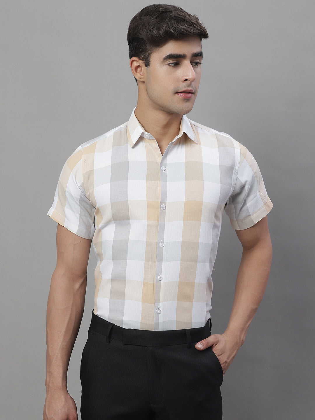 Jainish Men's Pure Cotton Checked Formal Shirts - Cream