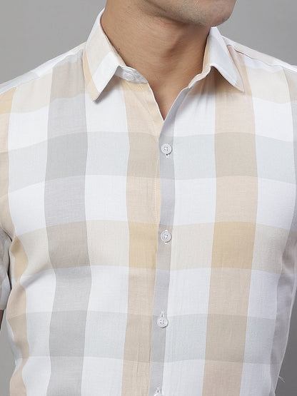 Jainish Men's Pure Cotton Checked Formal Shirts - Cream