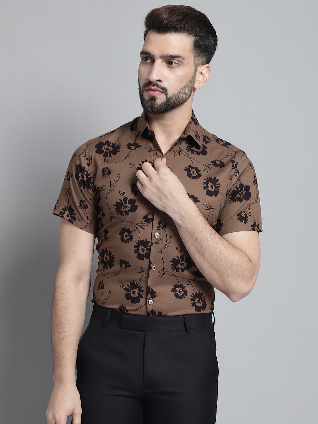Jainish Men's Floral Printed Formal Shirt - Brown