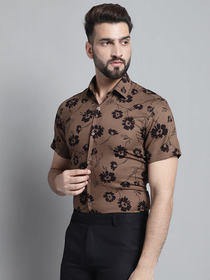 Jainish Men's Floral Printed Formal Shirt - Brown