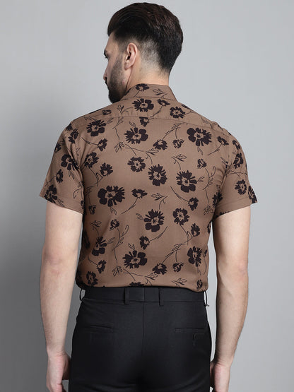 Jainish Men's Floral Printed Formal Shirt - Brown