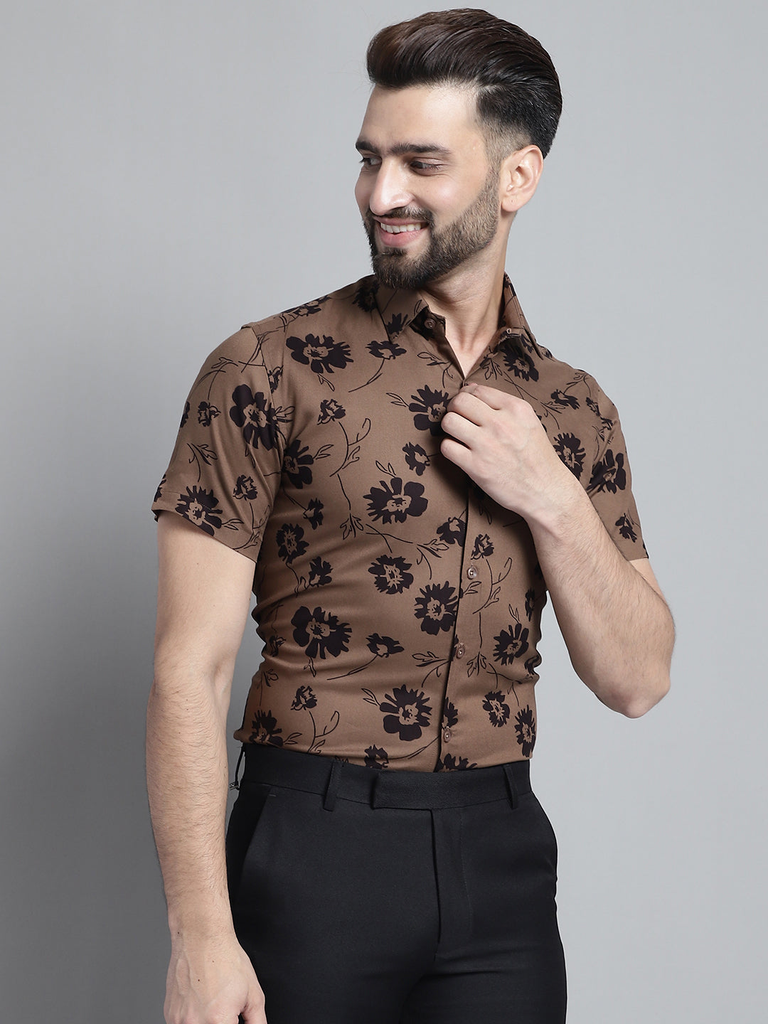 Jainish Men's Floral Printed Formal Shirt - Brown