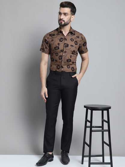 Jainish Men's Floral Printed Formal Shirt - Brown