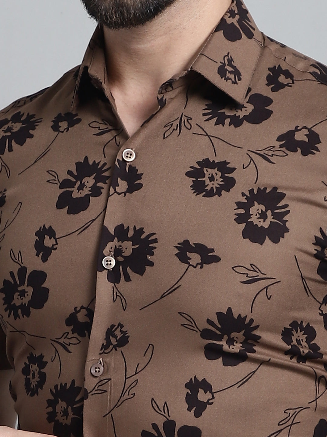 Jainish Men's Floral Printed Formal Shirt - Brown