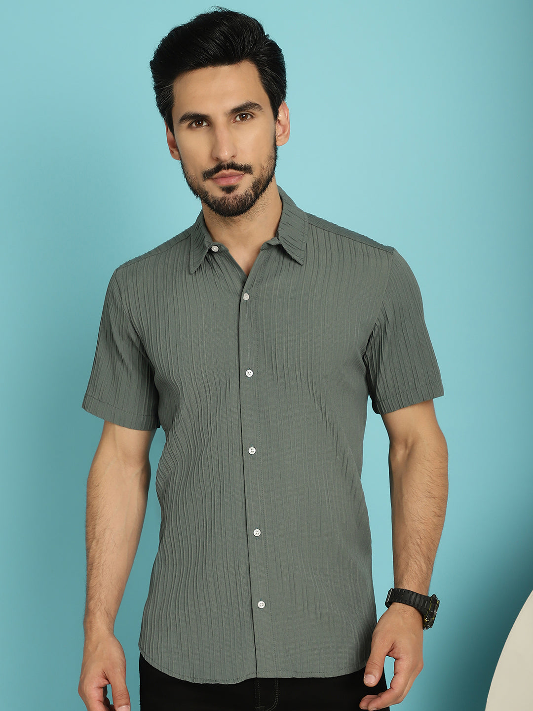 Indian Needle Men's Striped Casual Shirt - Grey