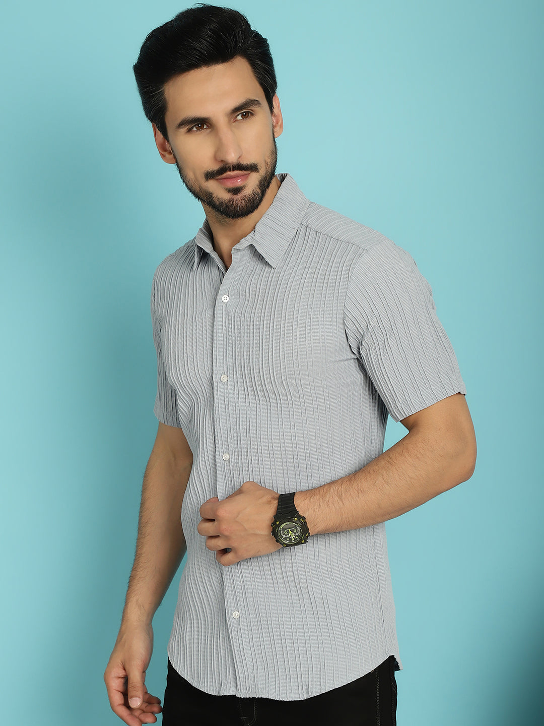 Indian Needle Men's Striped Casual Shirt - Light-Grey