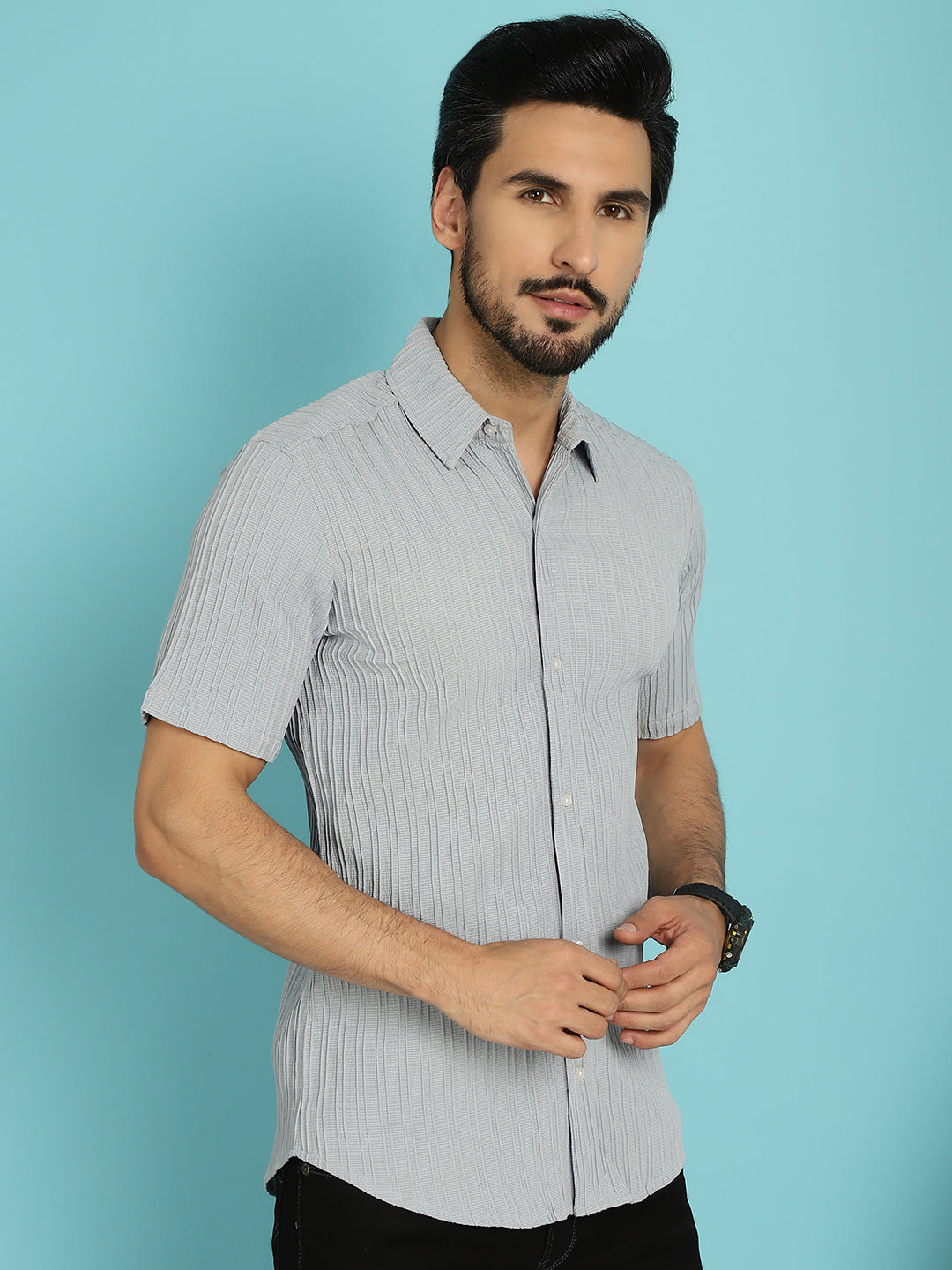 Indian Needle Men's Striped Casual Shirt - Light-Grey