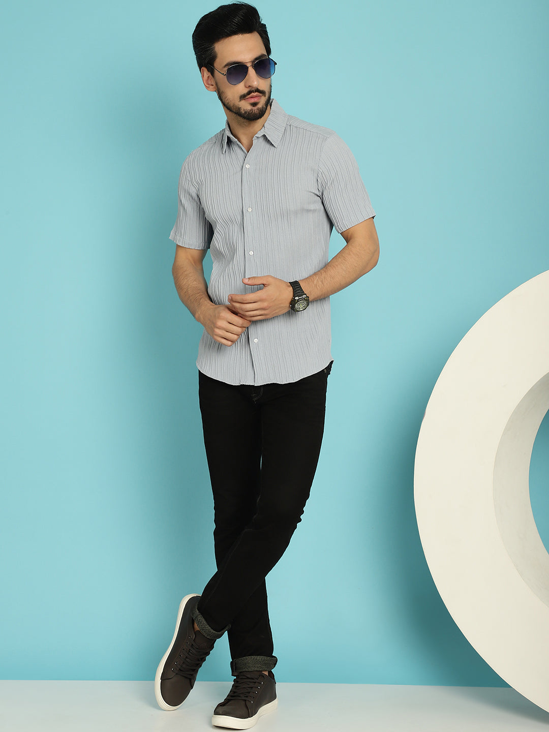 Indian Needle Men's Striped Casual Shirt - Light-Grey