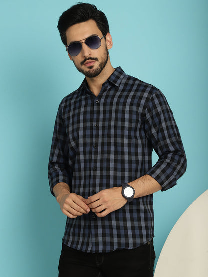 Indian Needle Men's Checked Casual Shirt - Navy Blue