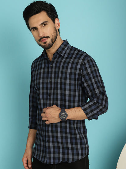 Indian Needle Men's Checked Casual Shirt - Navy Blue