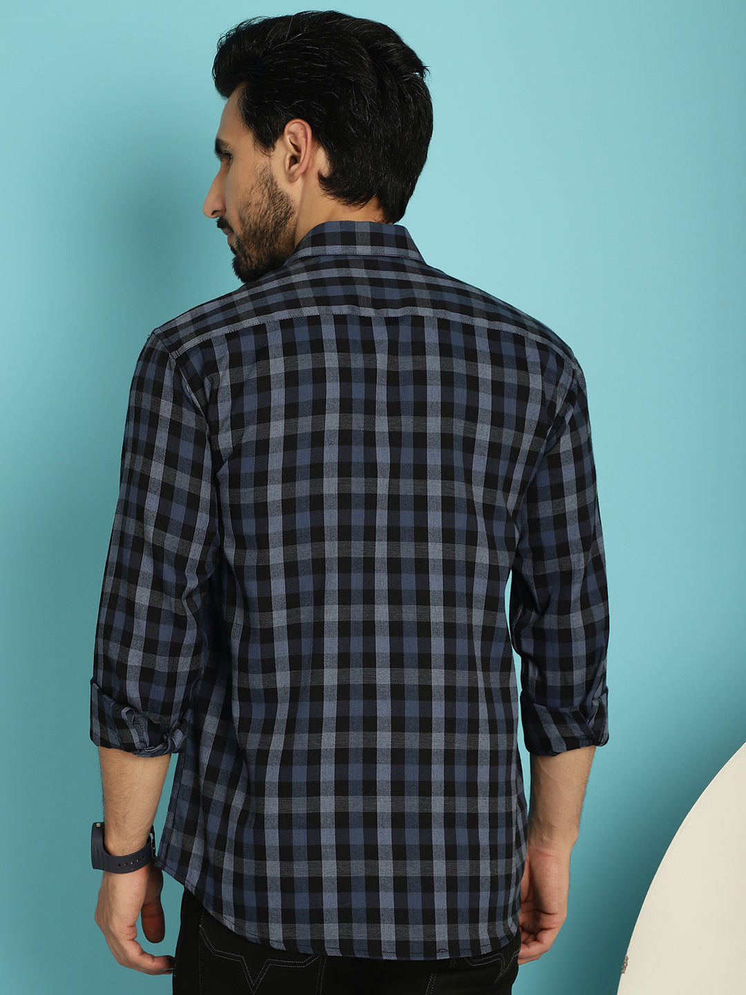 Indian Needle Men's Checked Casual Shirt - Navy Blue