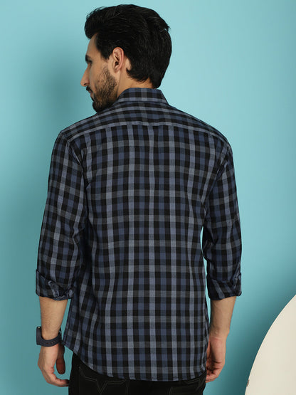 Indian Needle Men's Checked Casual Shirt - Navy Blue