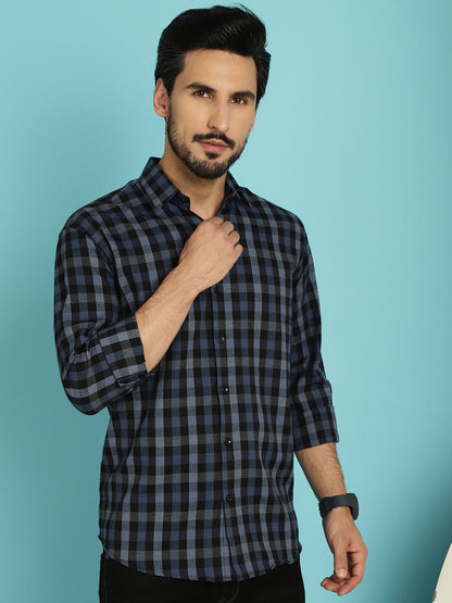 Indian Needle Men's Checked Casual Shirt - Navy Blue