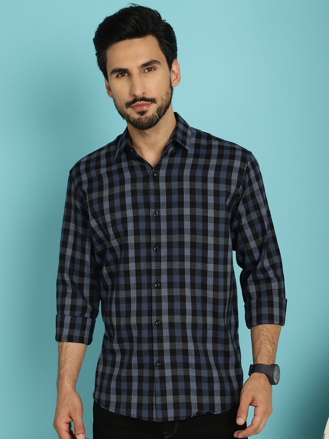 Indian Needle Men's Checked Casual Shirt - Navy Blue