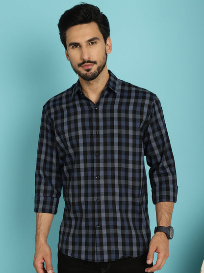 Indian Needle Men's Checked Casual Shirt - Navy Blue