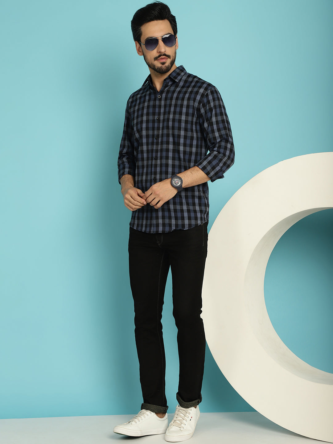 Indian Needle Men's Checked Casual Shirt - Navy Blue