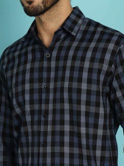 Indian Needle Men's Checked Casual Shirt - Navy Blue