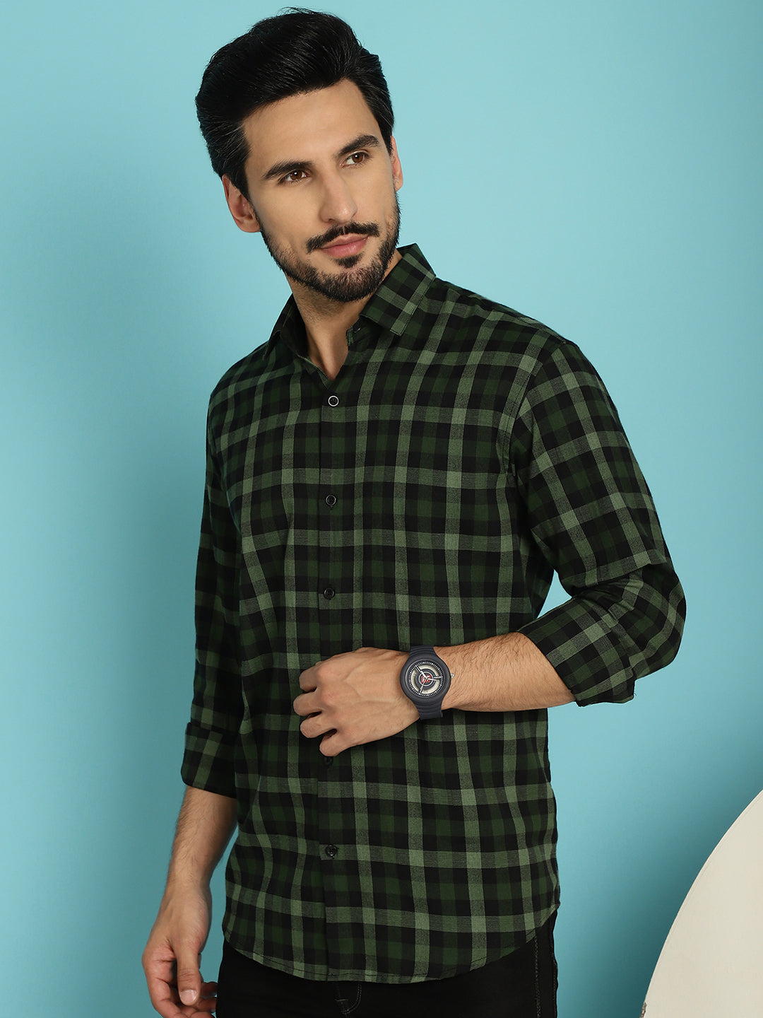 Indian Needle Men's Checked Casual Shirt - Olive