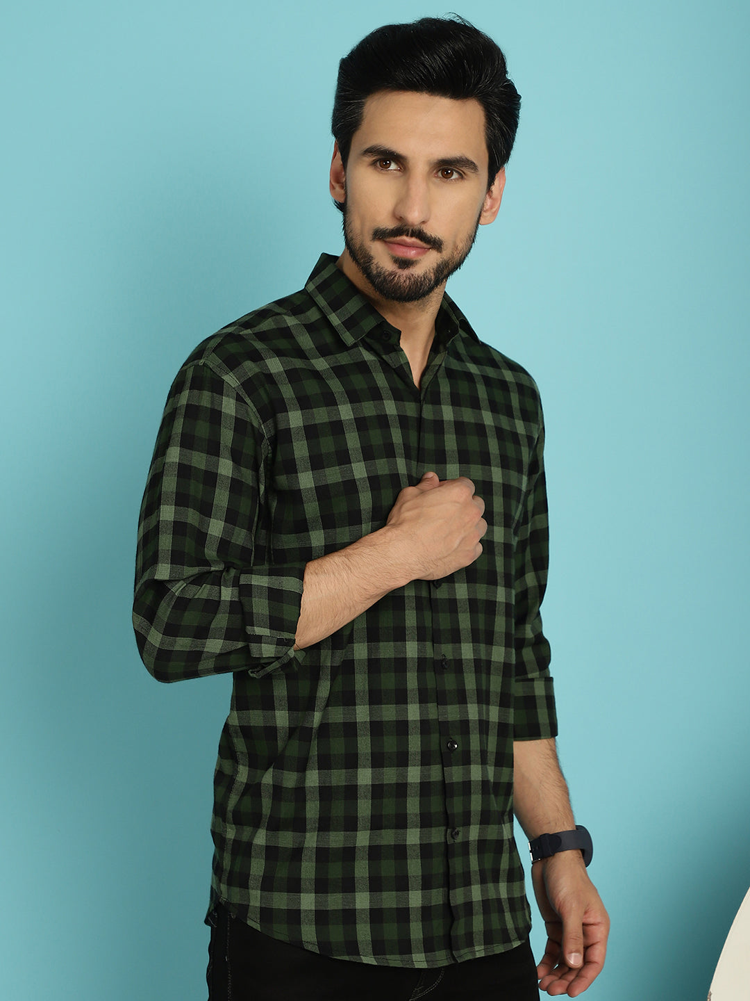Indian Needle Men's Checked Casual Shirt - Olive