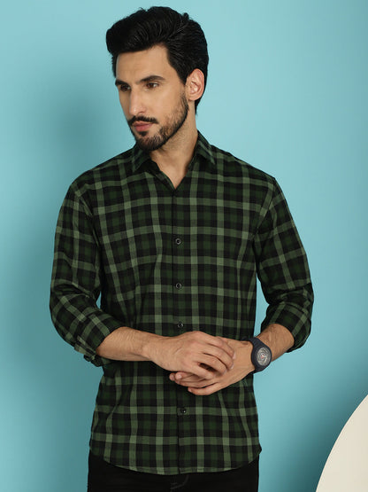 Indian Needle Men's Checked Casual Shirt - Olive