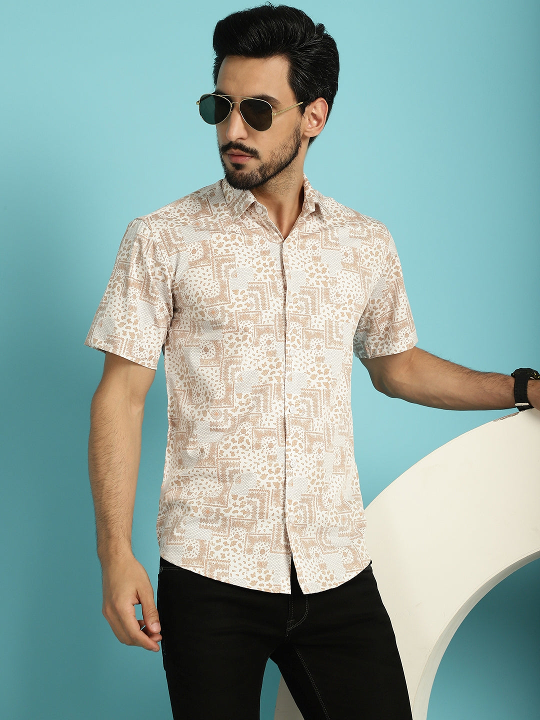 Indian Needle Men's Printed Casual Shirt - Peach