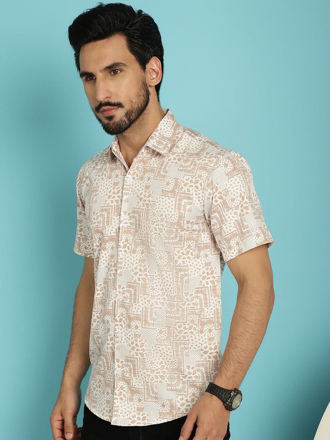 Indian Needle Men's Printed Casual Shirt - Peach