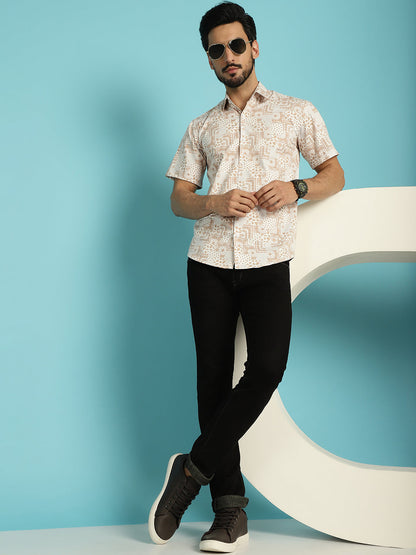 Indian Needle Men's Printed Casual Shirt - Peach